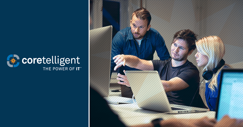 Coretelligent logo & three professionals working at computer