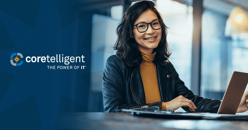 Woman smiling with laptop and Coretelligent Logo