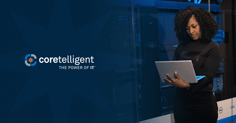 Coretelligent logo & professional woman on a laptop near data servers