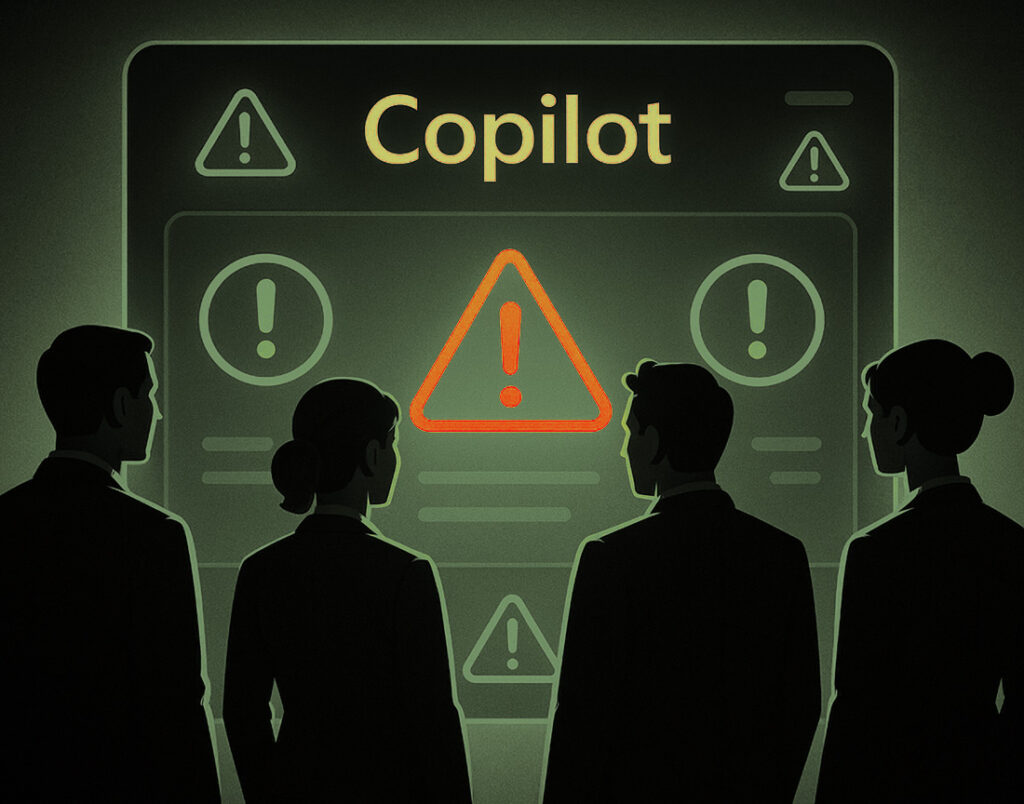 Business team evaluating Microsoft Copilot readiness with caution signs