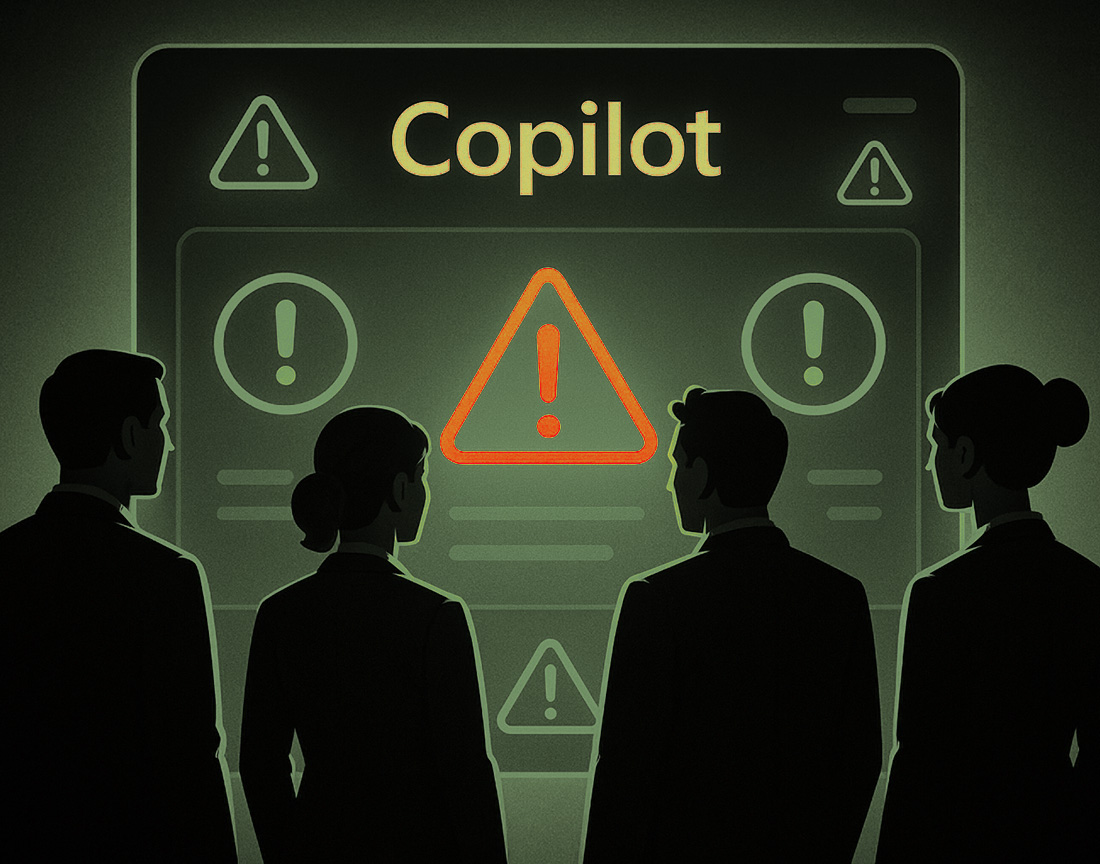 Business team evaluating Microsoft Copilot readiness with caution signs