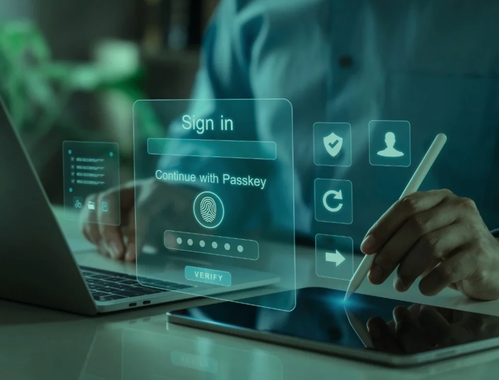 Passwordless login with passkeys and biometric fingerprint authentication on tablet and laptop, illustrating cybersecurity